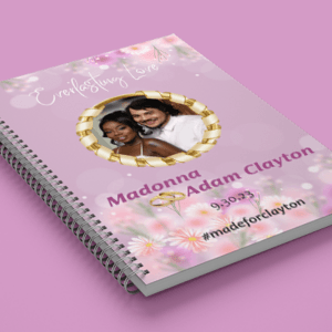 a spiral bound notebook with a couple of people