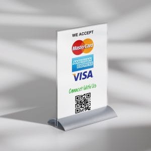 a table sign with a qr code