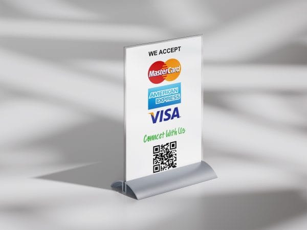 a table sign with a qr code